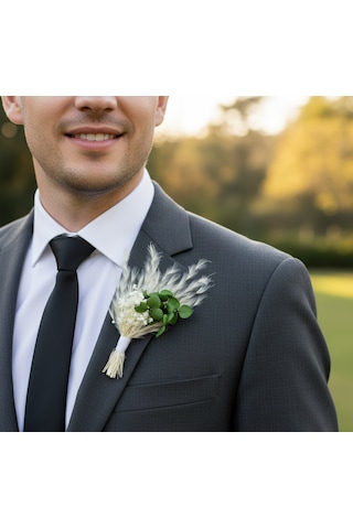 Renkli Ortanca Ve Pampas Kuru Çiçekli Damat Yaka Çiçeği Yaka İğneli Düğün & Nikah Aksesuarı Yeşil