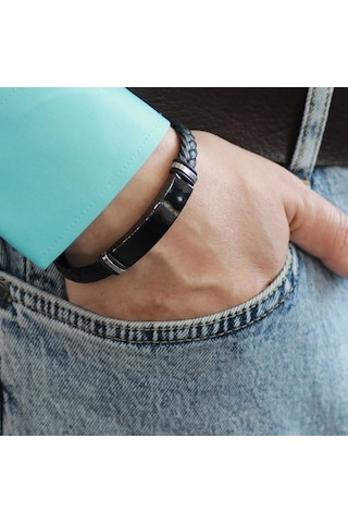 Kişiye Özel İsim Yazılı Balık Sırtı Tasarım Çelik-deri Kombinli Erkek Bileklik Model-1 Siyah
