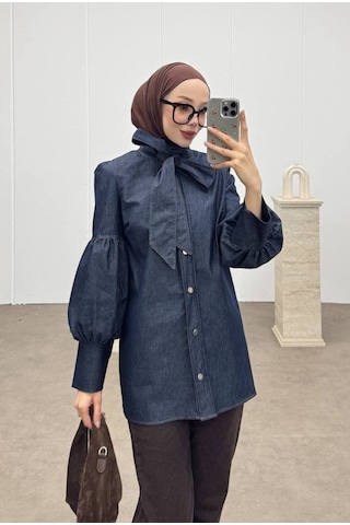 Meecy Denim Tesettür Balon Detaylı Kuşaklı Gömlek Lacivert Lacivert