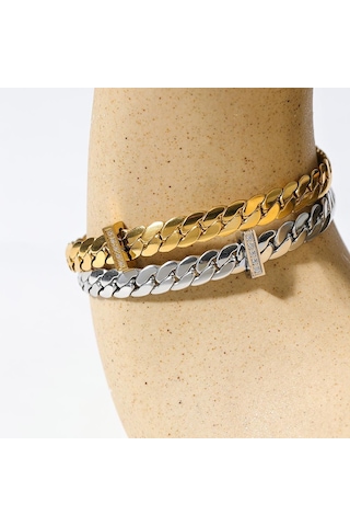 Gümüş Eetit Yüksek Kalite 18 K Altın Kaplama Küba Zincir Paslanmaz Çelik Bilezik Bileklik Zirkon Bildirimi Şık Moda Su Geçirmez Takı Gümüş