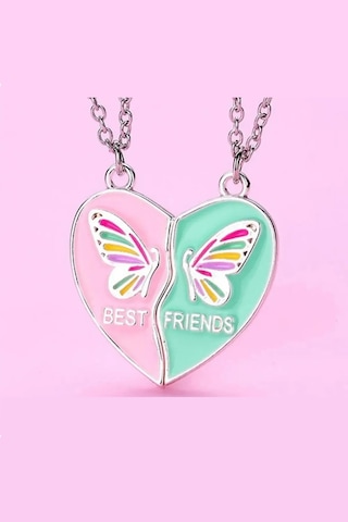 Mıknatıslı 2'li Kolye Kelebekli Kalp Best Friends Kolyesi Çift İk Çok REnkli