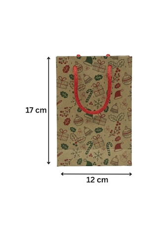 Yılbaşı Tasarımlı Kraft Karton Çanta Seti-25li, Kırmızı İpli Parti, Noel, Hediye Çantası, 12x17 Cm Standart