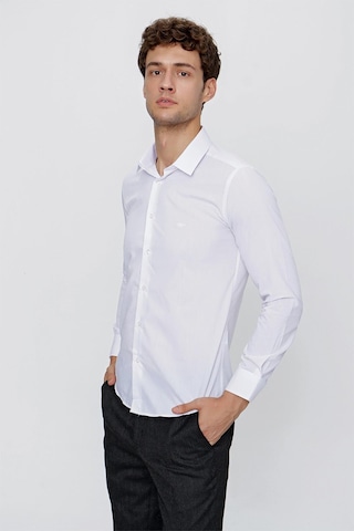İmza Beyaz Uzun Kol Düz Bez Ayağı 041 Sert Yaka Basic Slim Fit Gömlek 1004245057 Beyaz