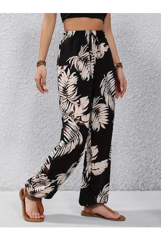 Gülsüm Aydın Kadın Yüksek Bel Bağcıklı Yaprak Desenli Süprem Pantolon Çok Renkli