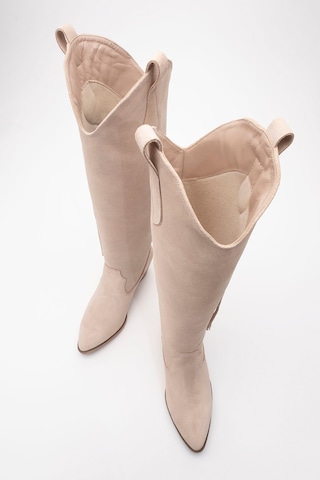 Luvishoes Luvi Shoes Rios Bej Hakiki Deri Süet Püsküllü Kadın Kalın Topuklu Çizme Bej Süet