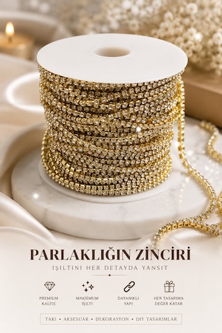 Şerit Taş Ss16 Gold 3 Metre Boncuk-kristal Taşlı Gold Zincir Şerit Parlak Takı Ve Aksesuar Zinciri Beyaz