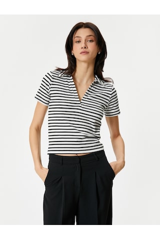 Koton Polo Yaka Tişört Kısa Kollu Fitilli Standart Kesim Siyah Çizgili 4sak50045ek Siyah