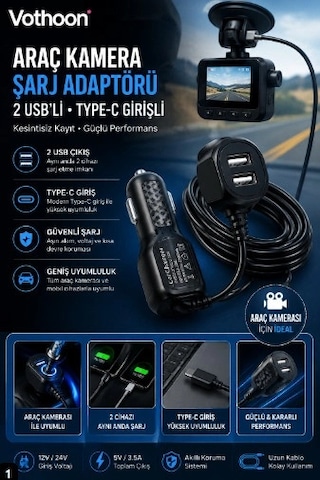 Araç Kamera Şarj Adaptörü 2 Usb'li Type-c Girişli 3.5 Metre Kablo Uzunluğu Ürün Kamera Değildir Siyah