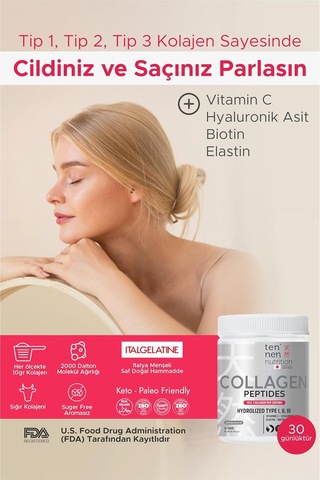 Tip 1, Tip 2 Ve Tip 3 Saf Hidrolize Kolajen, Pure Collagen Peptides, Hyaluronik Asit, Vitamin C, Biotin, Elastin Her Serviste Yüksek Kaliteli 10 Gr Kollajen , 306 Gram 30 Servis