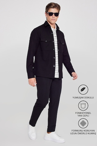 AC&Co / Altınyıldız Classics Erkek Sıyah Slim Fit Dar Kesim Beli Bağlamalı Çizgili Yan Cepli Casual Jogger Pantolon Siyah