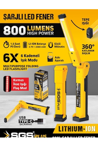Sgs5056 Şarjlı Led Fener 800 Lümen Katlanır 3.7 Volt/ 2000 Mah Sarı