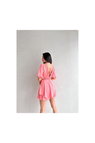 Munora Butik Sırt Dekolteli Brode Detaylı Pembe Tulum Elbise Pembe Pembe