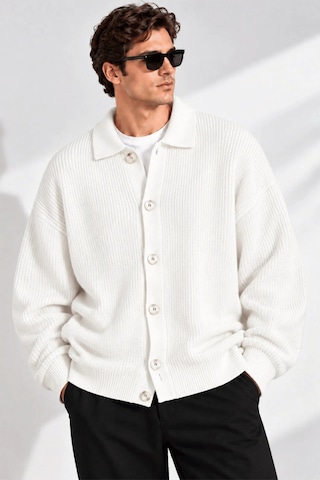 Genıus Store Erkek Hırka Oversize Kalıp Düğmeli Polo Yaka Triko Kazak Çekme/uzama Yapmaz Erkek-hırka Beyaz