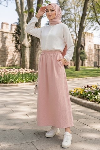 Bestenur Cepli Beli Lastikli Poplin Etek 1727 - Pembe