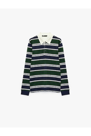 Koton Pamuklu Uzun Kollu Düğmeli Polo Yaka Çizgili Sweatshirt Yeşil Çizgili 6sam70050mk
