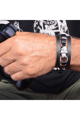 Çelik Deri Bileklik - Skull Çelik
