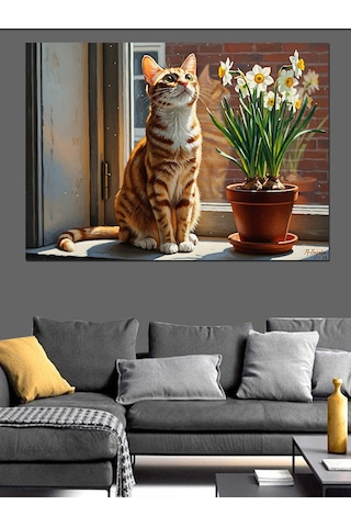 Ahşap Tablo Pencere Kenarında Duran Tekir Kedi