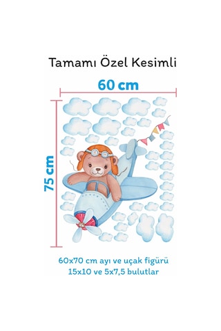 MSticker Uçakta Uçan Sevimli Ayıcık Ve Bulutlar Çocuk Bebek Odası Sticker Seti