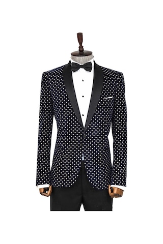 Wessi Nokta Desenli Slim Fit Lacivert Erkek Smokin Ceket Lacivert
