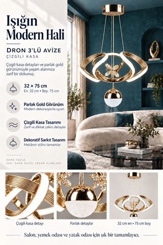 Dron 3 Lü Modern Ledli Avize Çizgili 3 Renk Power Ledli Gold Kaplama Kumandalı Çoçuk Odası Yatak Odası Mutfak