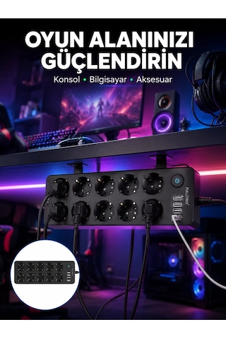 Usb Ve Type-c Çıkışlı 10'lu Akım Korumalı Çoklu Priz Güç Dağıtıcı 0