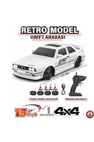 Oyuncak Bmw E30 Drift Araba 4x4 Uzaktan Kumandalı Araba 2.4ghz Şarjlı Led Işıklı 15 Km Hız Araba Beyaz