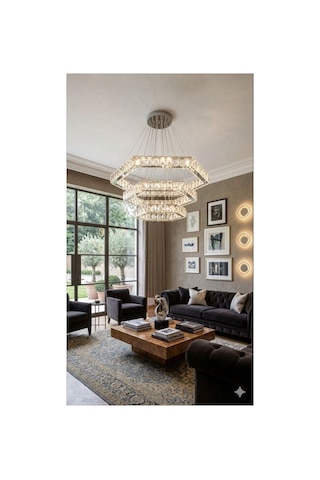 Kristal Taşlı Led Avize Sarkıt 3 Renk Işık Kumandalı Cam 3 Katlı Altıgen Salon Villa Avizesi Gümüş