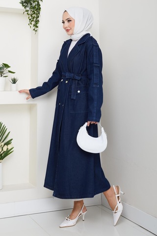 Hb Harma Time Butik Kadın Cepli Kuşaklı Denim Lacivert Trençkot
