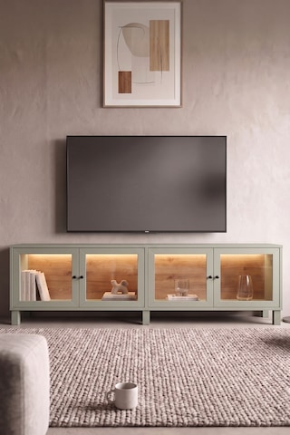 Robin Home Prime Temperli Cam Kapaklı Neon Led Işıklı Tv Ünitesi Tv Sehpası Vitrin Ahşap Ayaklı Sepet-ıhlamur Yeşili Yeşil