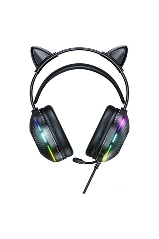 Hangfox Kablolu Rgb Işıklı Kedi Kulaklı Gaming Kulaklık, 7.1 Stereo Ve Gürültü Engelleme Mikrofonlu, 50mm Sürücü İle Derin Taban, Siyah