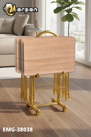 Eranş Serisi 4'lü Katlanır Mdf Mebran Ahşap Çanta Zigon Sehpa Gold Ayak Açık Atlantik Çam Desen Gold Ayak
