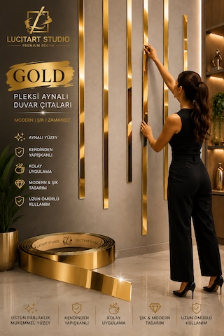 Lucitart Studio 5 Adet 5cmx120cm 1mm Kalınlığında Kendinden Yapışkanlı Pleksi Aynalı Duvar Çıtası 9 Renk Seçeneği Dekoratif Duvar, Kapı, Tv Ünitesi Ve Mobilya Çıtası Altın