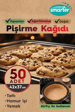 Smarter 50 Adet Ağartılmamış Hazır Kesilmiş Pişirme Kağıdı Airfryer 42x37cm Yapışmaz