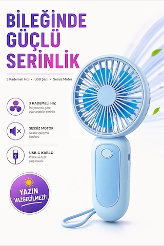 Bilek Askılı Şarjlı Taşınabilir El Fanı Mini Vantilatör Mavi