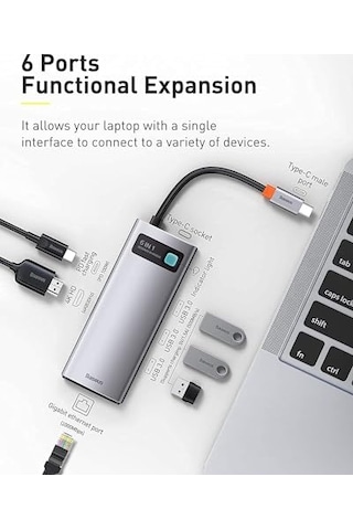 Baseus Metal Gleam 6 İn 1, Çok Fonksiyonlu Bilgisayar/telefon Hub Adaptörü, Gri, Bağlantı Sayısı: 6, Giriş: Usb