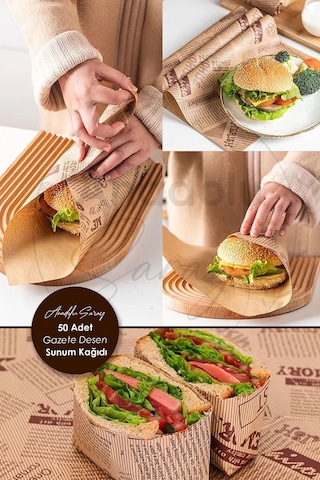 Kendinden Desenli Yağlı Kağıt Vintage Gazete Desen Sunum Kağıdı 50 Adet