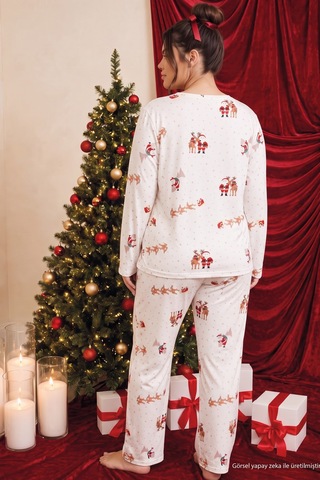 Siyah İnci Ekru Yılbaşı Temalı Termal Kumaşlı Ultra Soft Yumuşak Büyük Beden Battal Boy Örme Pijama Takımı 26226729