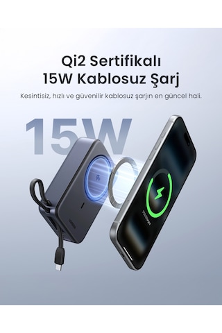 Ugreen Zapix 20.000 Mah Magsafe Wireless Hızlı Şarj Powerbank, Dahili 30w Usb-c Kablo Ve 15w Kablosuz Şarj Destekli, 55450b Gri