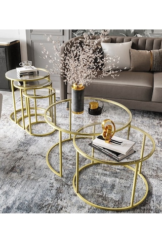 Dekoport Milas Mat Gold Orta Ve Zigon Sehpa Seti - Şeffaf Cam Gold