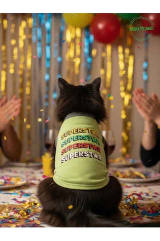Yeşil Superstar Yazılı Kedi Ve Köpek Kıyafeti Tişörtü Elbisesi Large/l/beden 3