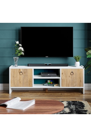 Tv Sehpası Kapaklı Raflı Tv Ünitesi Televizyon Sehpası Beyaz- Çam