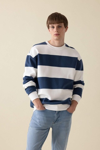 Defacto Boxy Fit Bisiklet Yaka Çizgili Sweatshirt A9066AX24AUBE88 Mavi