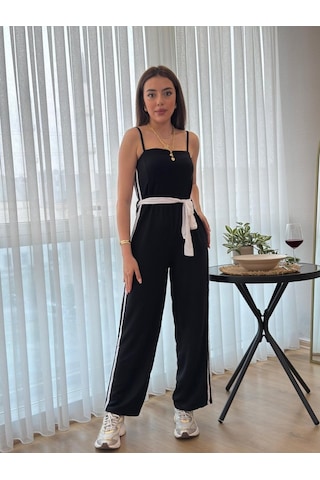 Munn Collection Kadın Ip Askılı Straplez Belden Kuşaklı Viskon Iki Iplik Tulum Siyah