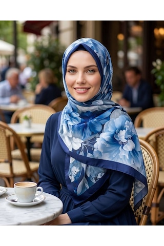 Moda Nuda Desenli Pamuk Soft Şal Mavi Soon Serisi - Mira İpek
