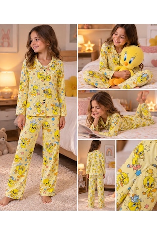Mihra Kız Çocuk Sarı Tweety Desenli Önden Düğmeli Pijama Takımı