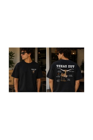 Qmen Style Unisex Siyah Oversize Baskılı T-shirt Texas Suv %100 Pamuk Beyaz