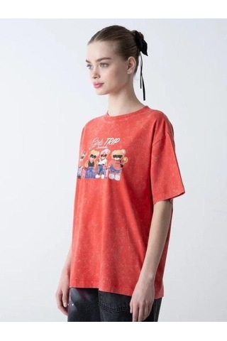 Zekids Kız Çocuk Ayıcık Baskılı Oversize T-shirt-15808 Kırmızı