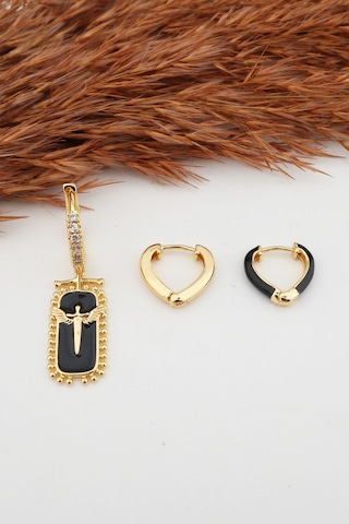 Kadın Kararmaz Mineli Kalp Detaylı Zirkon Küpe Set Altın-M