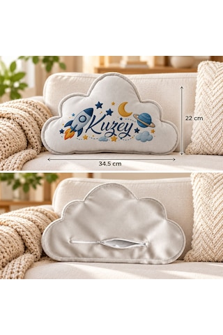 Bk Gift Kişiye Özel İsimli Gri Bulut Yastık-5 - Bebek Ve Çocuk Odası Dekoratif Yastık 34,5x22 Cm