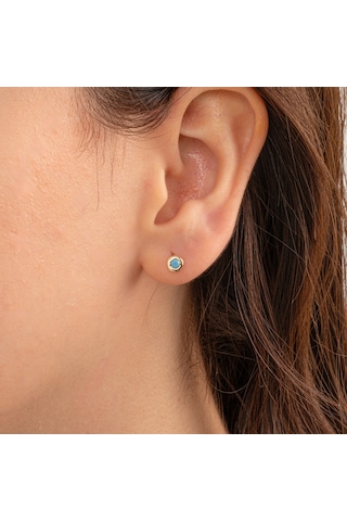 Altın Küpe - 14 Ayar Altın Minimal Firuze Turkuaz Taşlı Küpe Sarı